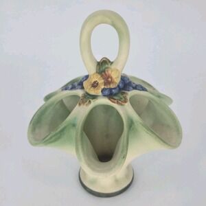 Antique Weller Florenzo Umbrella Basket Vase 6 Pocket Floral Grapes 8 Inch